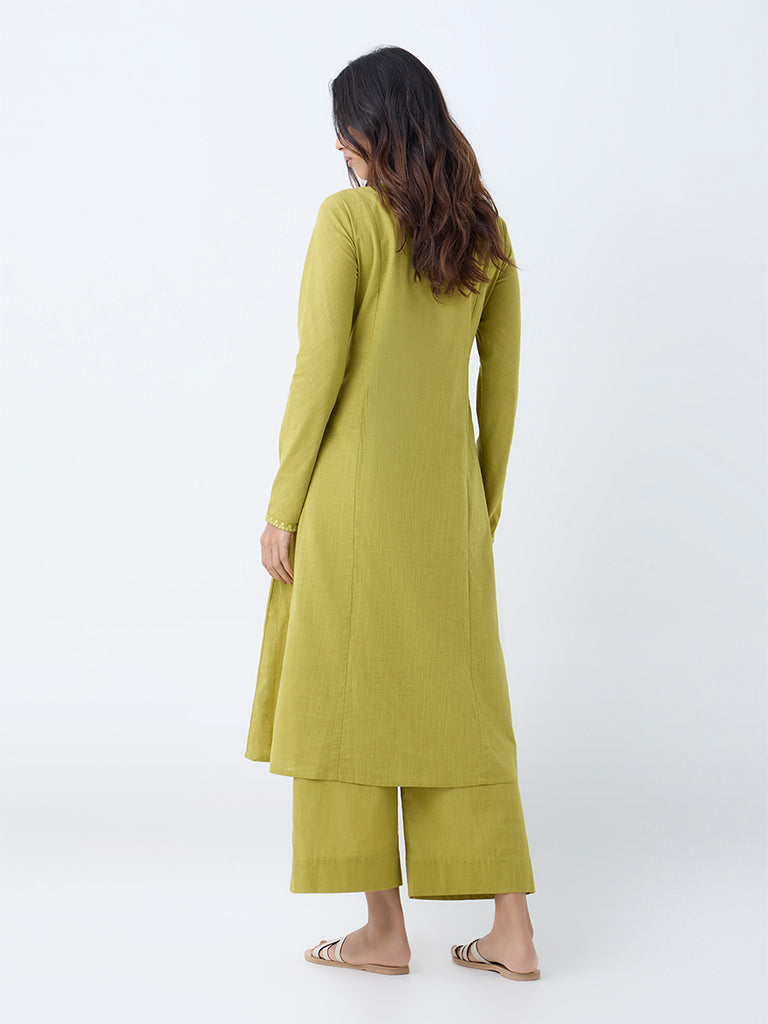 Utsa Lime Mirror Embroidered A-Line Cotton Kurta