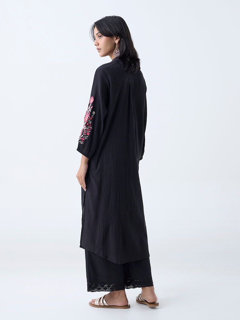 Utsa Black Floral Embroidered Straight Cotton Kurta