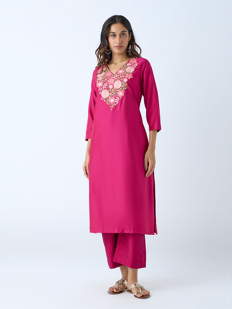 Westside Utsa Women's Fuchsia Floral Embroidered Straight Kurta for Work Wear Full View