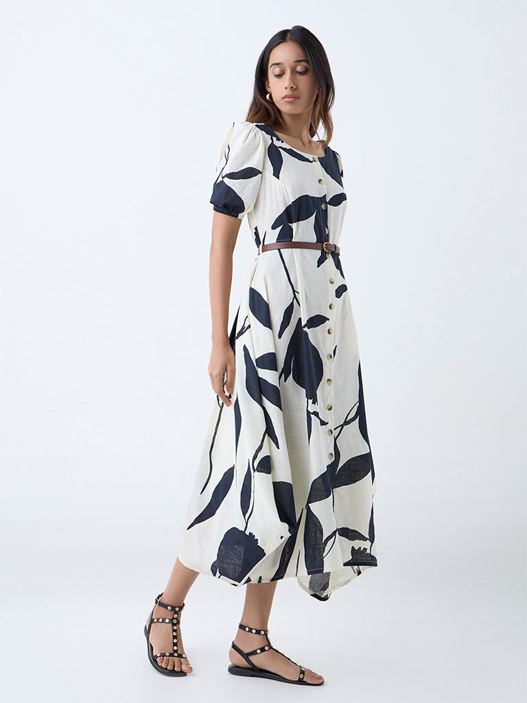 Utsa Black Anar Design Cotton Asymmetric Dress with Belt
