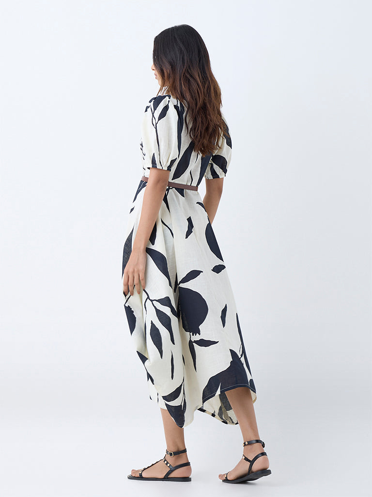 Utsa Black Anar Design Cotton Asymmetric Dress with Belt