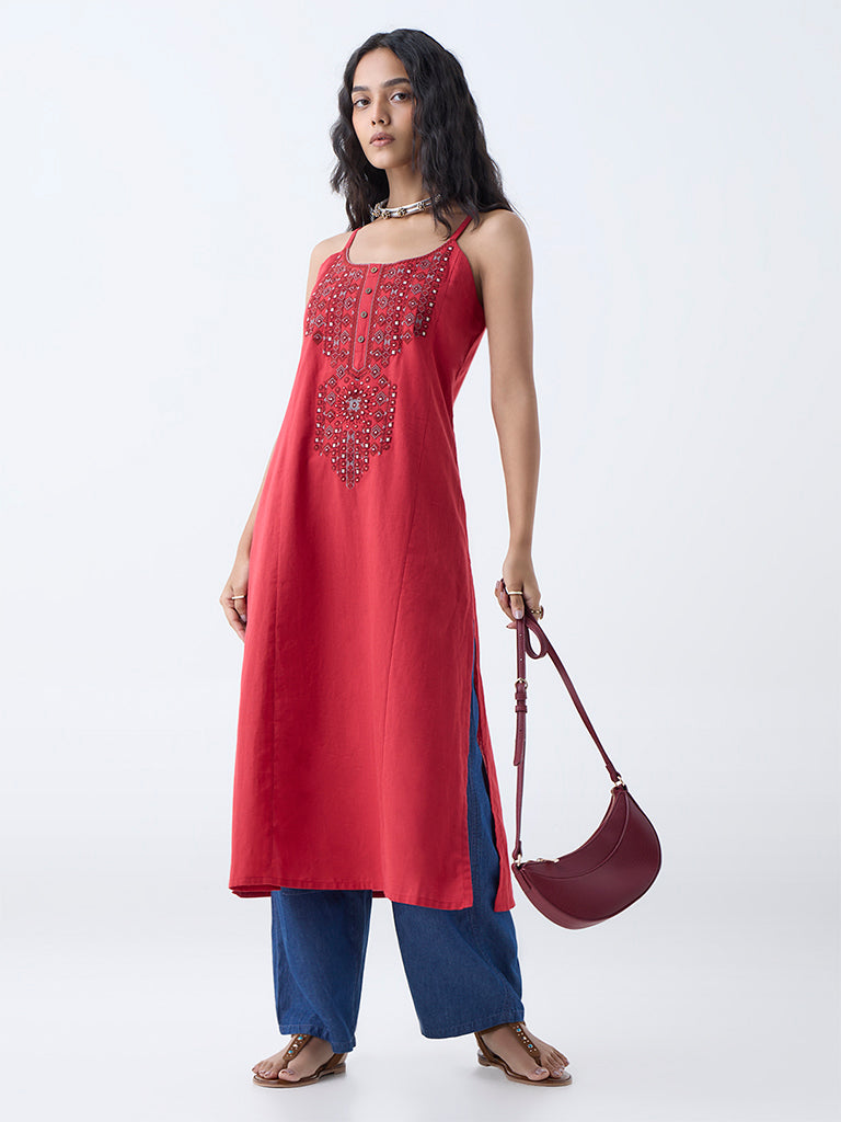 Utsa Red Mirror Work Detailed Cotton Straight Kurta
