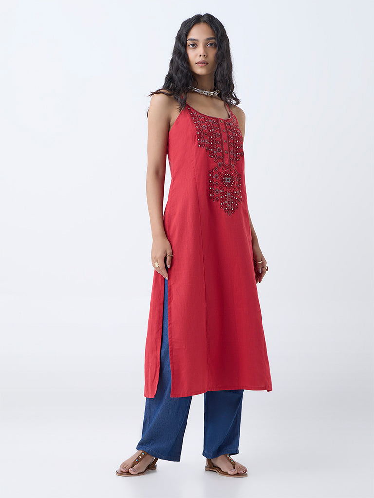 Utsa Red Mirror Work Detailed Cotton Straight Kurta