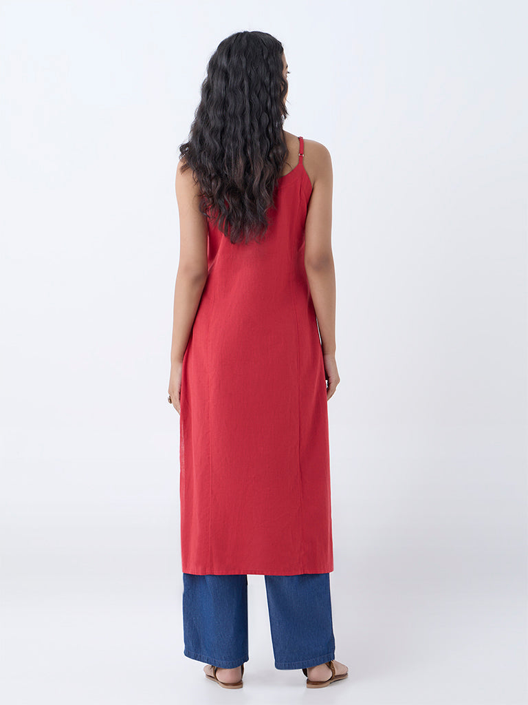 Utsa Red Mirror Work Detailed Cotton Straight Kurta