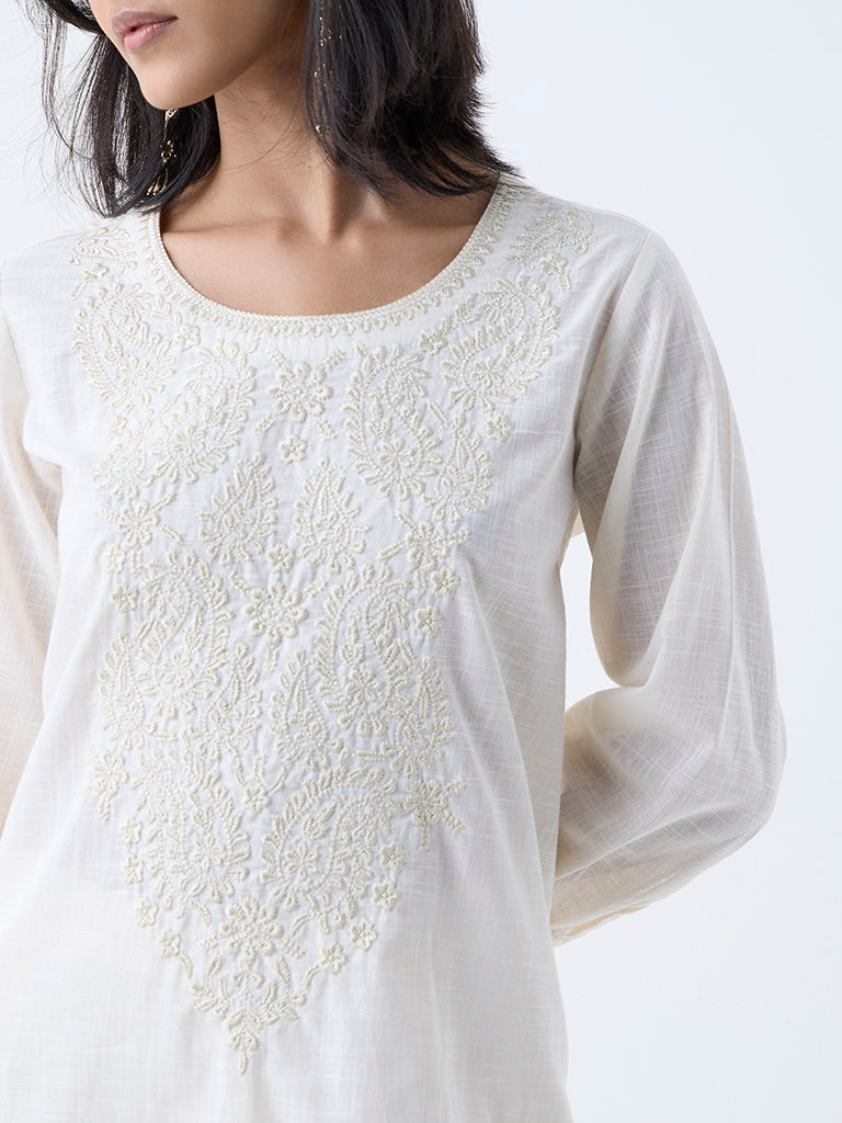 Utsa Off-White Paisley Embroidered Cotton Kurti
