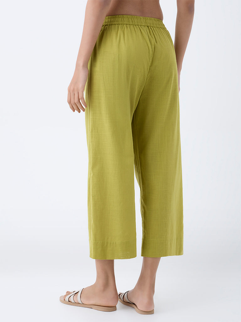 Westside Utsa Women's Lime Solid Cotton Ethnic Pants for Everyday Back View