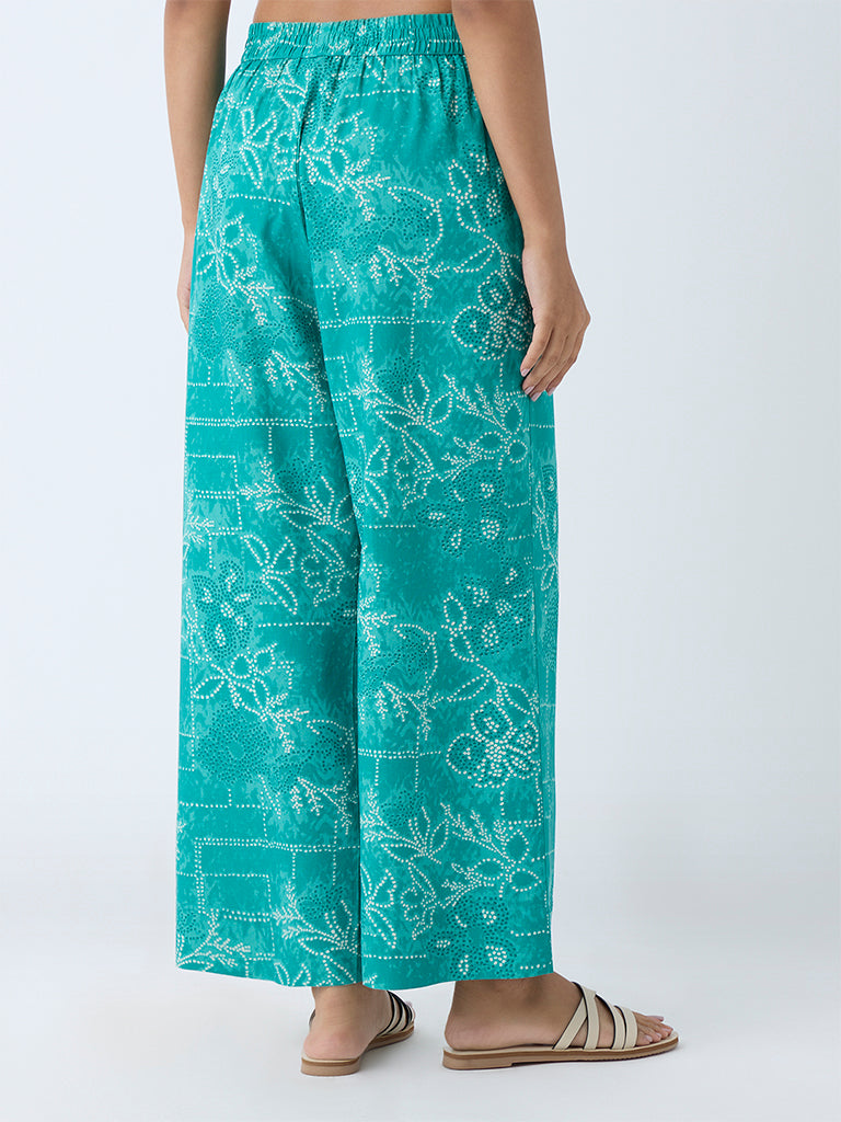 Westside Utsa Women's Aqua Bandhani Pattern Palazzos for Everyday Back View