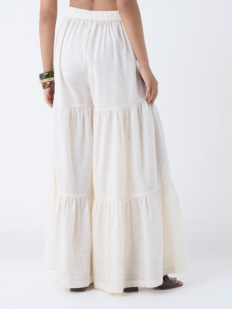 Westside Utsa Women's Off-White Solid Cotton Sharara for Work Wear Back View