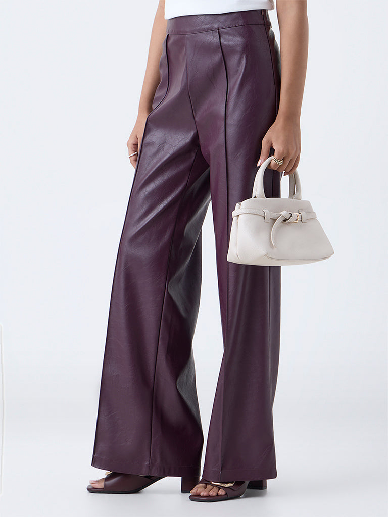 LOV Burgundy Faux Leather High-Rise Trousers
