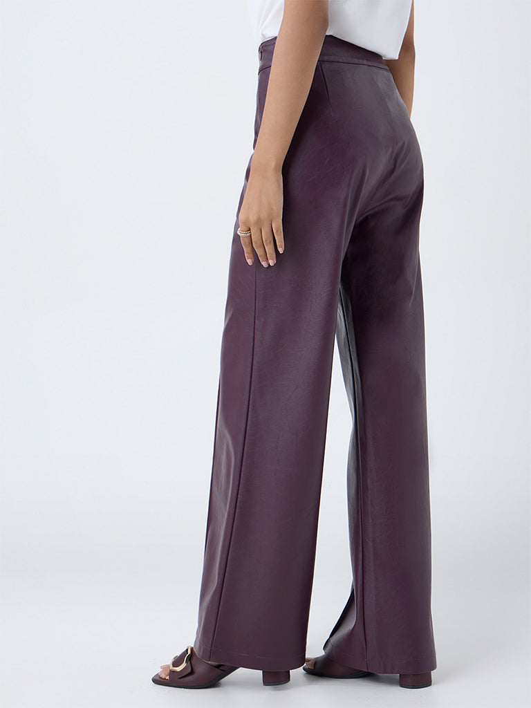LOV Burgundy Faux Leather High-Rise Trousers