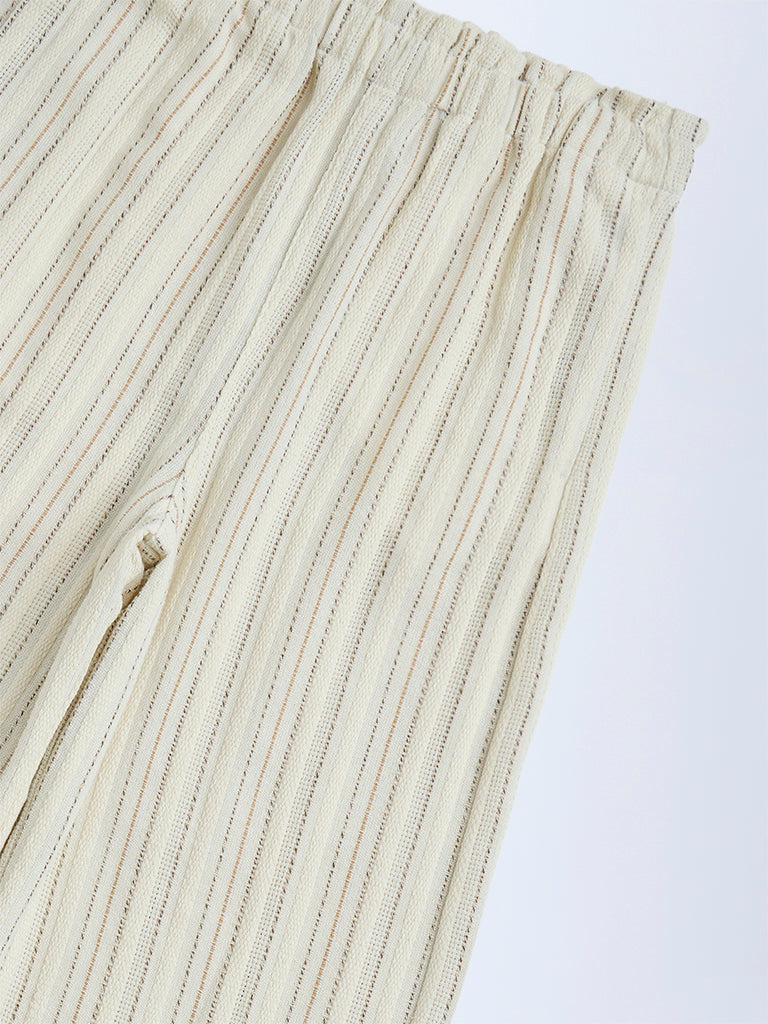 Y&F Kids Girls Off-White Striped Mid-Rise Cotton-Blend Trousers
