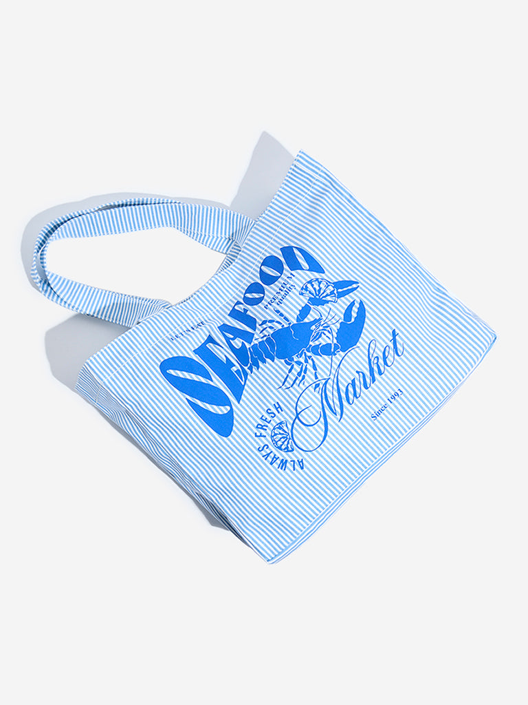 Wunderlove Blue Stripe Printed Canvas Tote Bag
