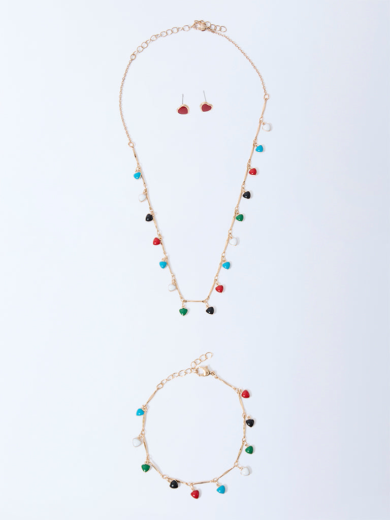 Westside Accessories Multicolour Enamel Heart Necklace, Earrings and Bracelet Set