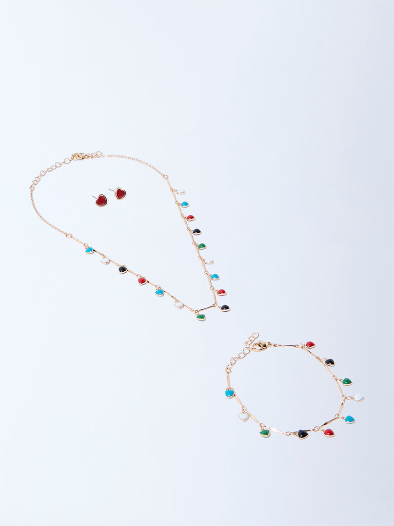 Westside Accessories Multicolour Enamel Heart Necklace, Earrings and Bracelet Set