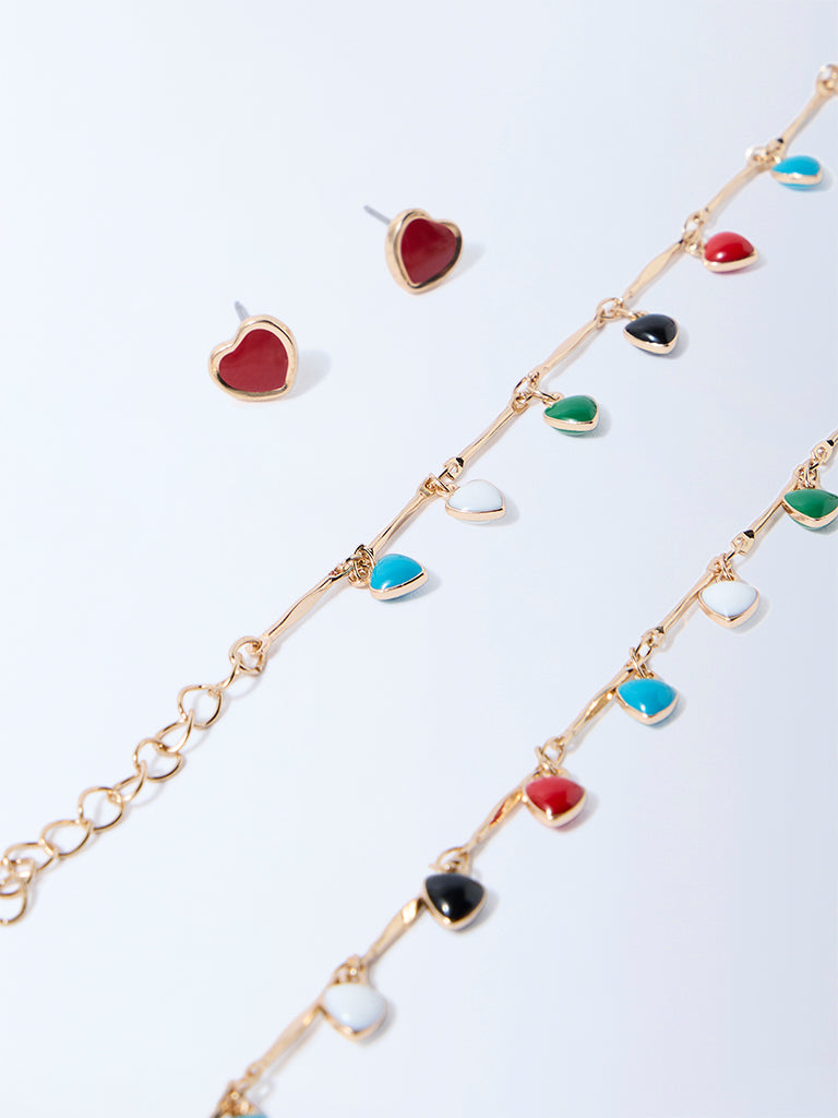 Westside Accessories Multicolour Enamel Heart Necklace, Earrings and Bracelet Set