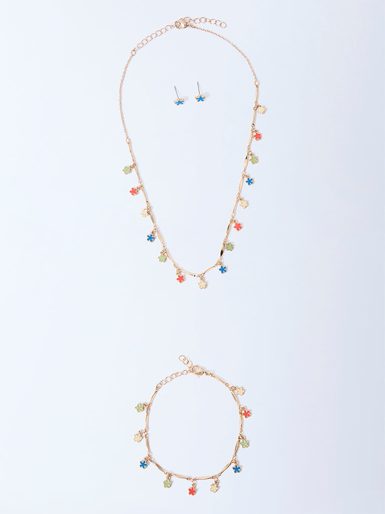 Westside Accessories Multicolour Enamel Floral Necklace, Earrings and Bracelet Set
