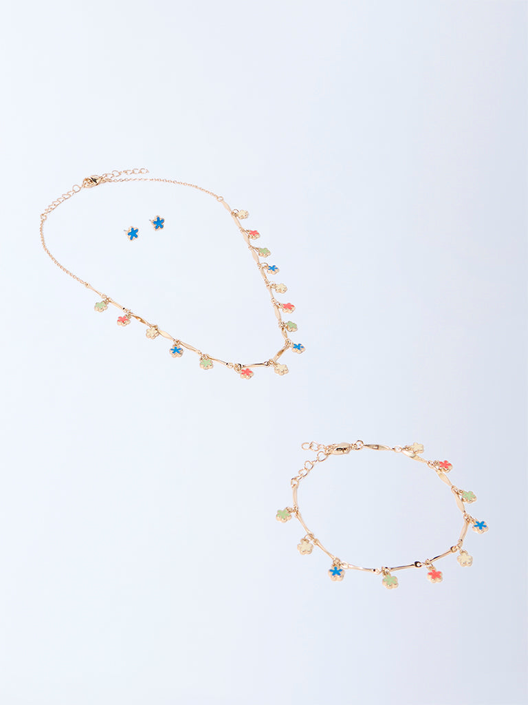 Westside Accessories Multicolour Enamel Floral Necklace, Earrings and Bracelet Set