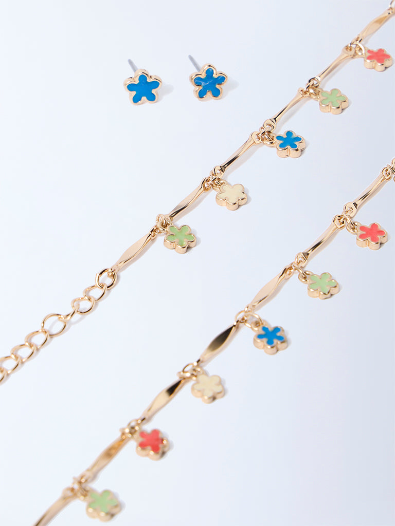 Westside Accessories Multicolour Enamel Floral Necklace, Earrings and Bracelet Set