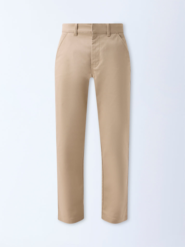 WES Casuals Beige Relaxed-Fit Mid-Rise Trousers