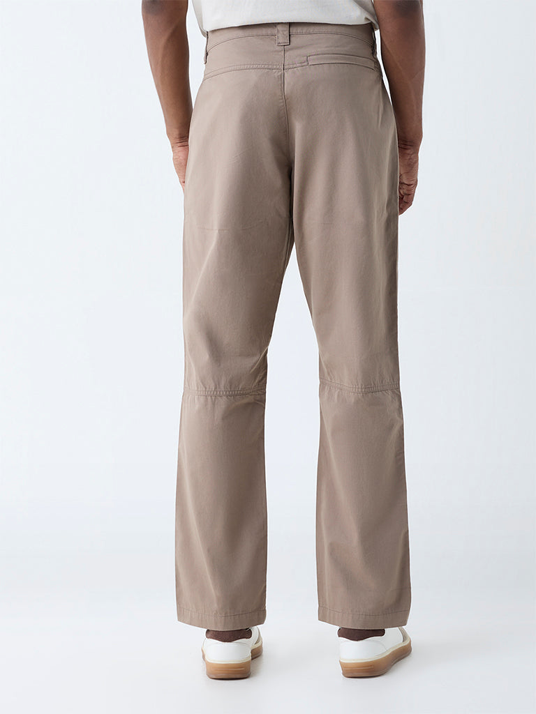 Westside WES Casuals Men's Taupe Solid Relaxed-Fit Mid-Rise Cotton-Blend Trousers for Casual Wear Back View