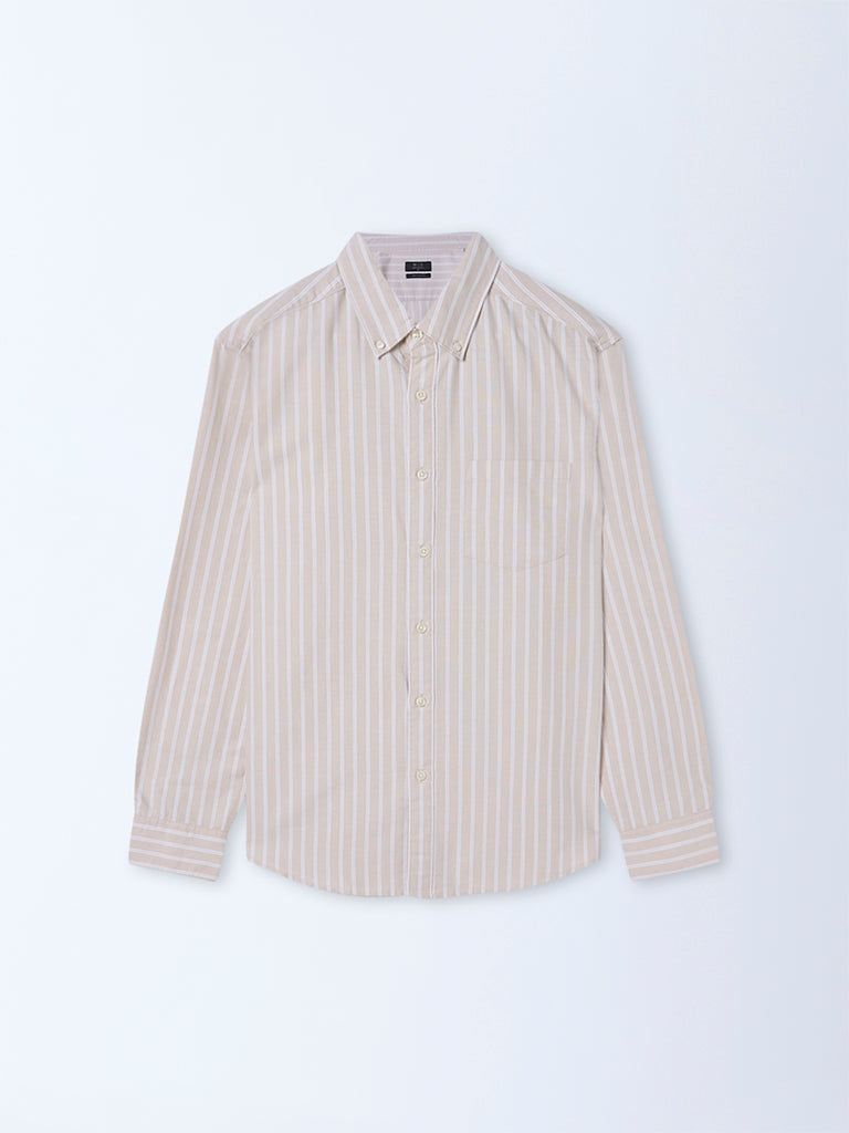 WES Casuals Beige Striped Relaxed-Fit Cotton Shirt
