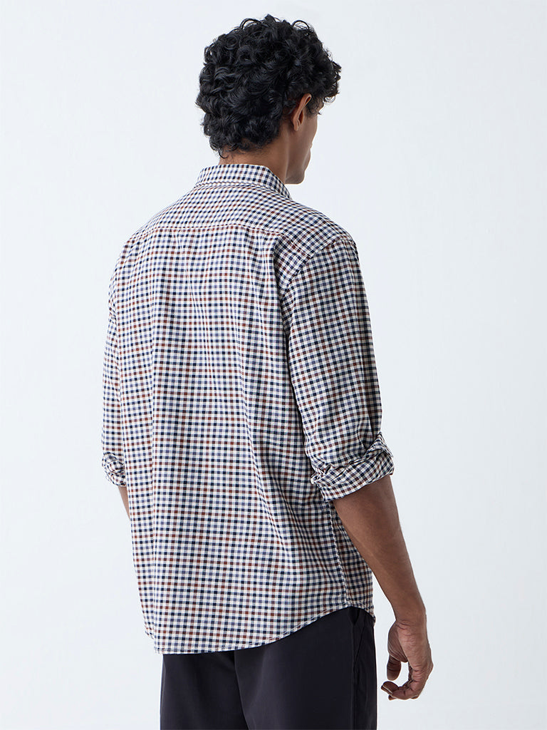 Westside WES Casuals Men's Brown Checkered Relaxed-Fit Cotton Shirt for Casual Wear Back View