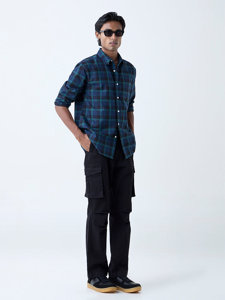 WES Casuals Navy Checkered Relaxed-Fit Cotton Shirt