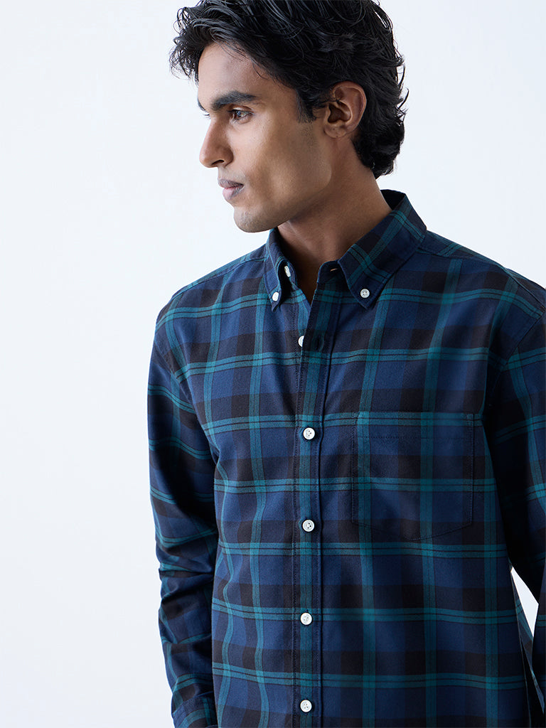 WES Casuals Navy Checkered Relaxed-Fit Cotton Shirt