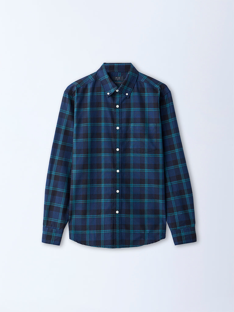 WES Casuals Navy Checkered Relaxed-Fit Cotton Shirt