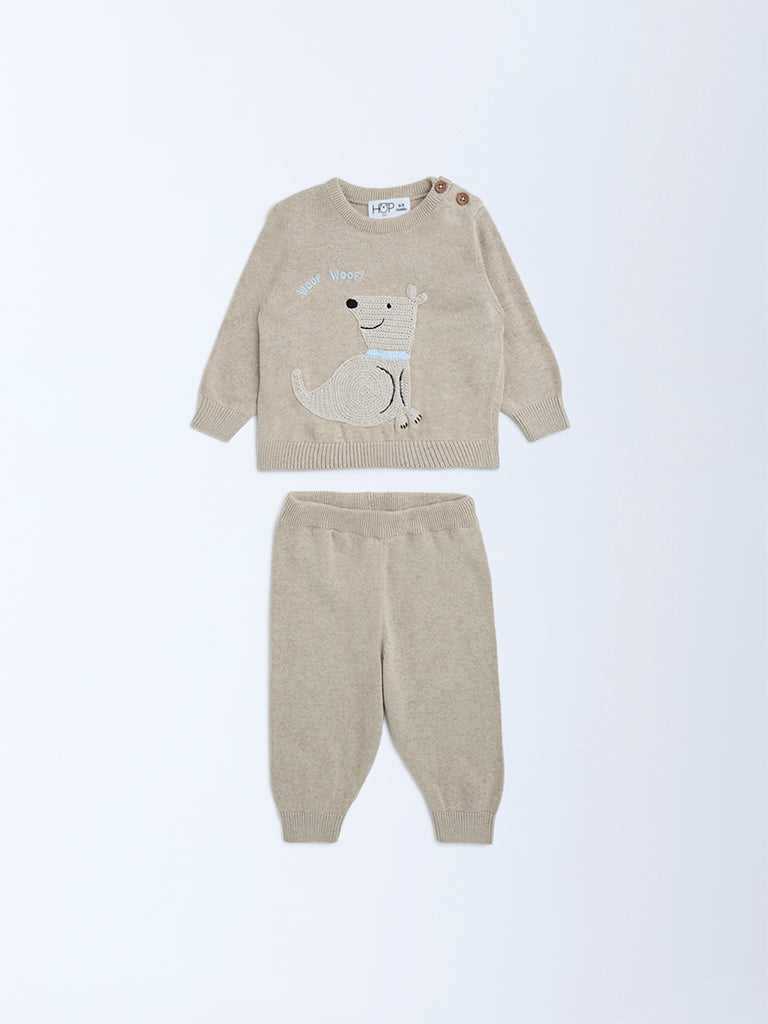 HOP Baby Beige Animal Design Cotton Sweater and Joggers Set