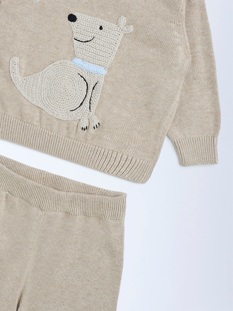 HOP Baby Beige Animal Design Cotton Sweater and Joggers Set
