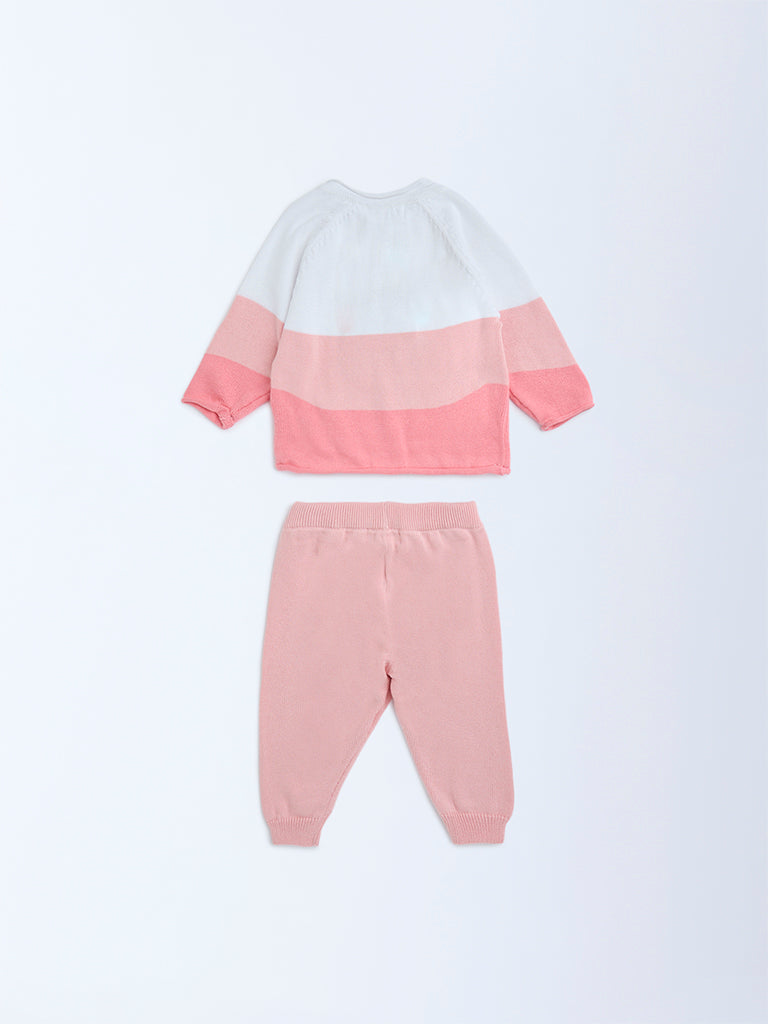 HOP Baby Pink Animal Design Cotton Sweater and Joggers Set