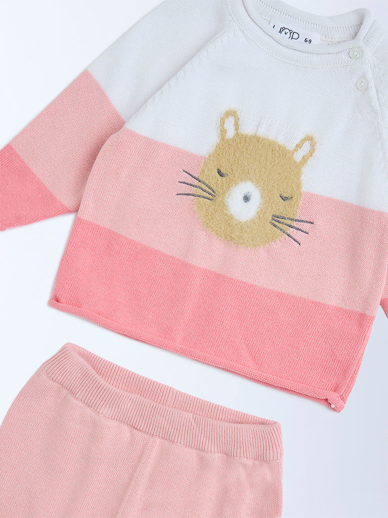 HOP Baby Pink Animal Design Cotton Sweater and Joggers Set
