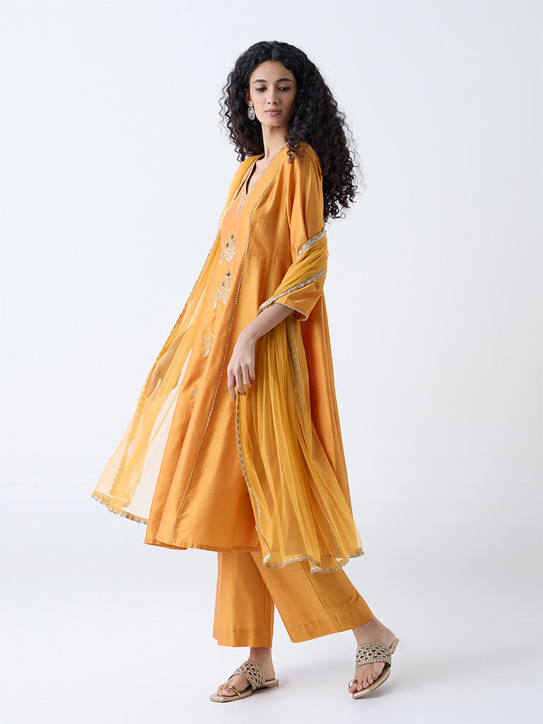 Westside Vark Women's Yellow Embroidered Anarkali Ethnic Set for Festive Wear Full View
