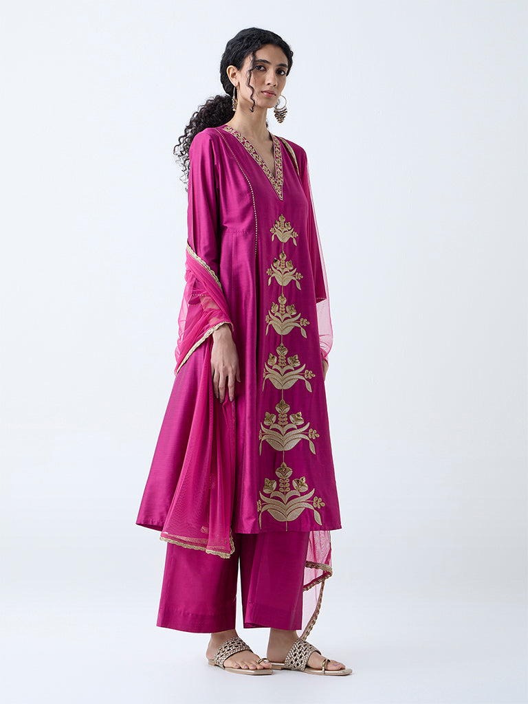 Westside Vark Women's Magenta Embroidered Anarkali Ethnic Set for Festive Wear Full View
