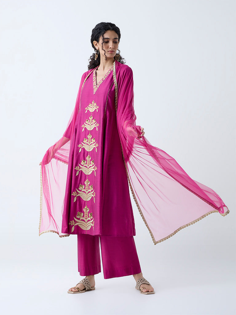Westside Vark Women's Magenta Embroidered Anarkali Ethnic Set for Festive Wear Front View