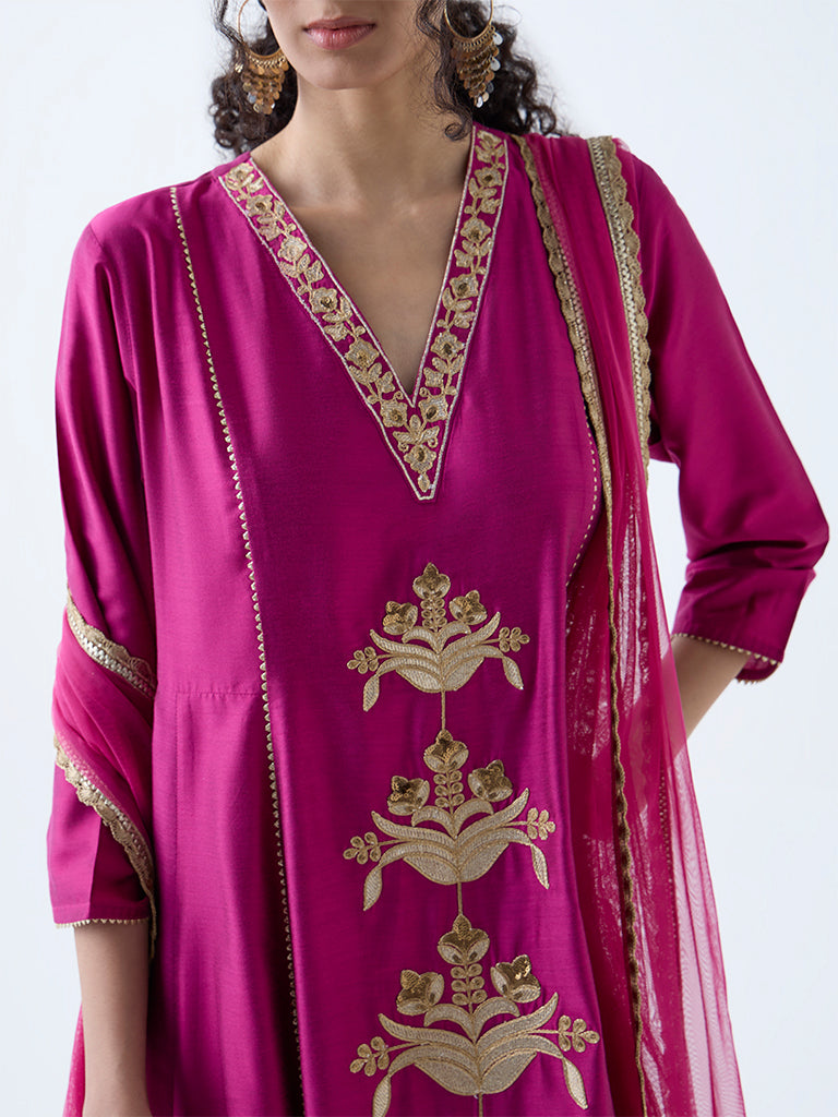 Westside Vark Women's Magenta Embroidered Anarkali Ethnic Set for Festive Wear Zoomed View