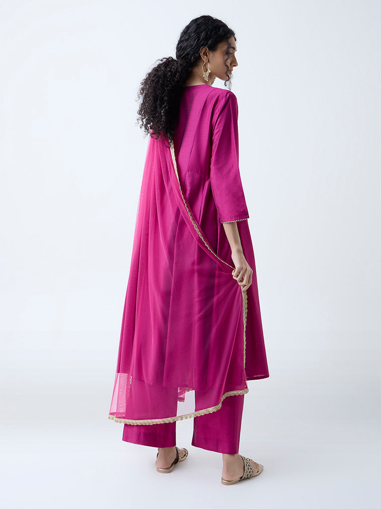 Westside Vark Women's Magenta Embroidered Anarkali Ethnic Set for Festive Wear Back View