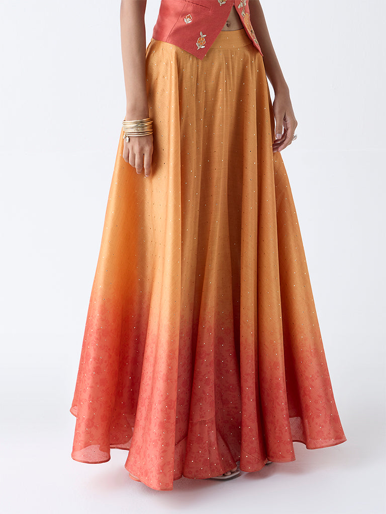 Westside Vark Women's Orange Shimmer Detailed Ombre Maxi Skirt for Festive Wear Full View