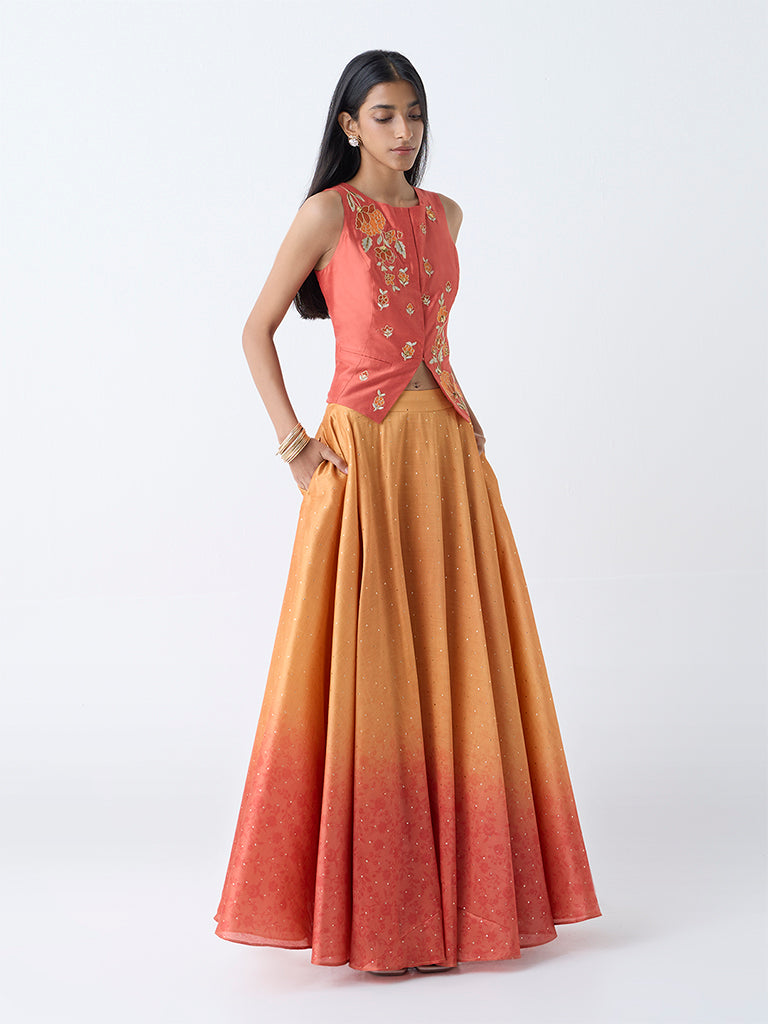 Westside Vark Women's Orange Shimmer Detailed Ombre Maxi Skirt for Festive Wear Front View