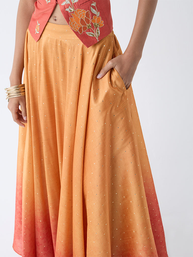 Westside Vark Women's Orange Shimmer Detailed Ombre Maxi Skirt for Festive Wear Zoomed View