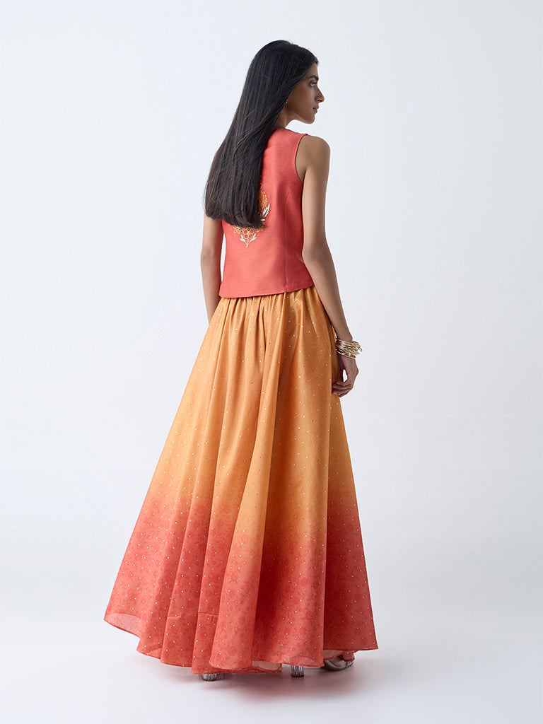 Westside Vark Women's Orange Shimmer Detailed Ombre Maxi Skirt for Festive Wear Back View