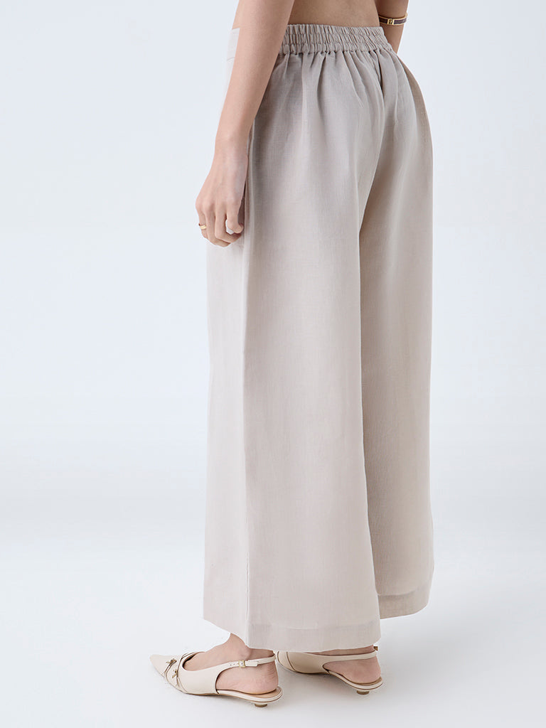 Westside Zuba Women's Taupe Solid Linen-Blend Palazzos for Work Wear Back View