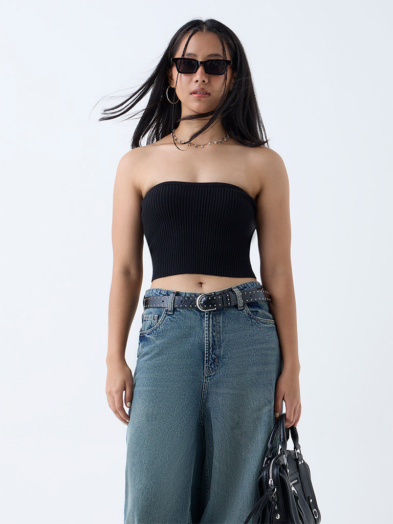 Buy Nuon Black Ribbed-Textured Tube Top from Westside