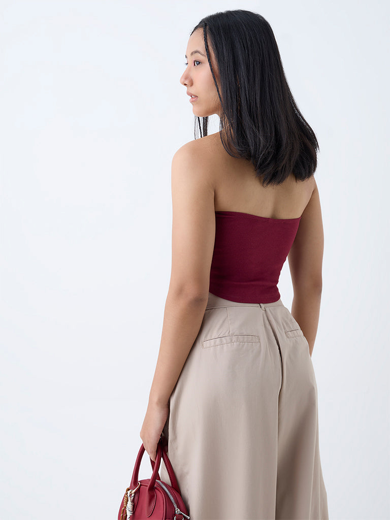 Westside Nuon Women's Wine Ribbed Cotton-Blend Tube Top for Casual Wear Back View