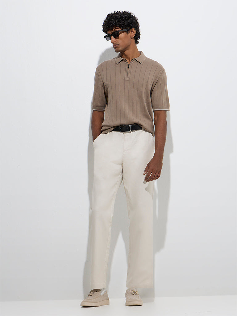 Westside Ascot Men's Taupe Relaxed-Fit Cotton-Blend Quarter-Zip Polo T-Shirt for Casual Wear Full Model View