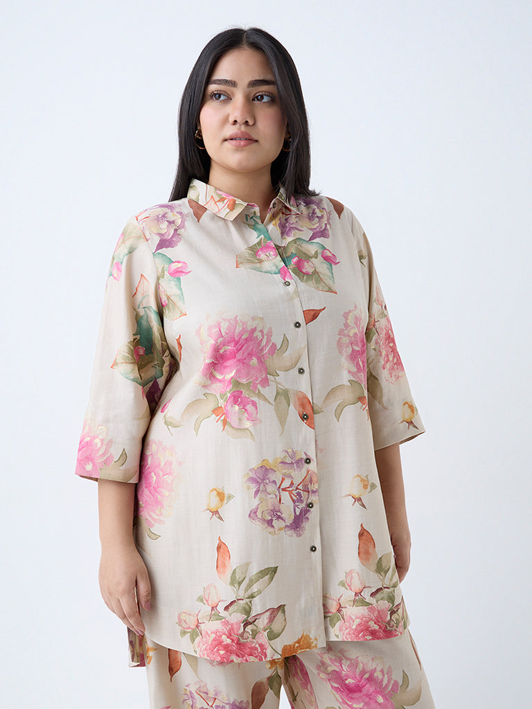 Westside Diza Women's Beige Floral Pattern Ethnic Tunic for Work Wear Full View