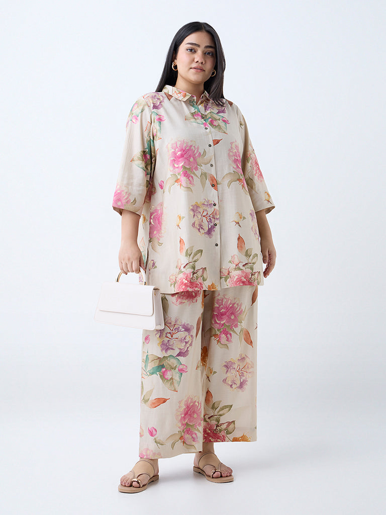 Westside Diza Women's Beige Floral Pattern Ethnic Tunic for Work Wear Front View