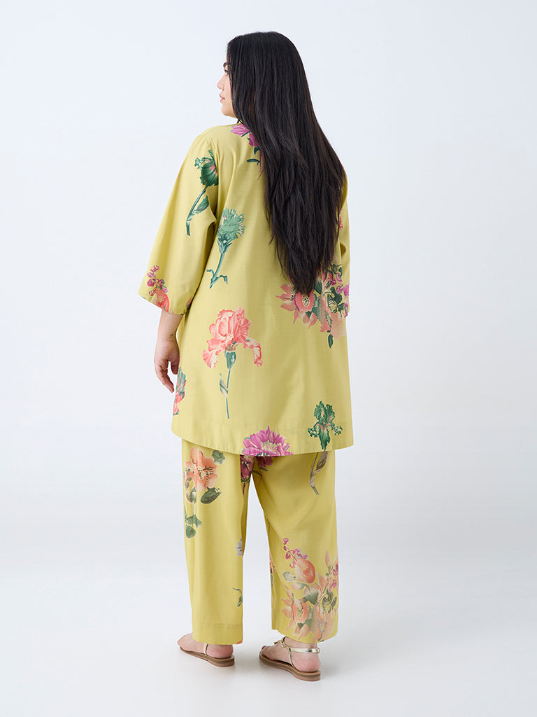 Westside Diza Women's Yellow Floral Pattern Tunic for Work Wear Back View