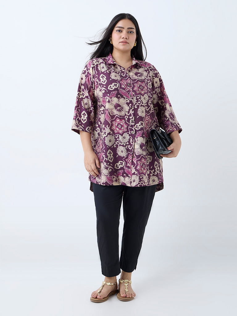 Westside Diza Women's Plum Floral Detailed Ethnic Tunic for Work Wear Full View